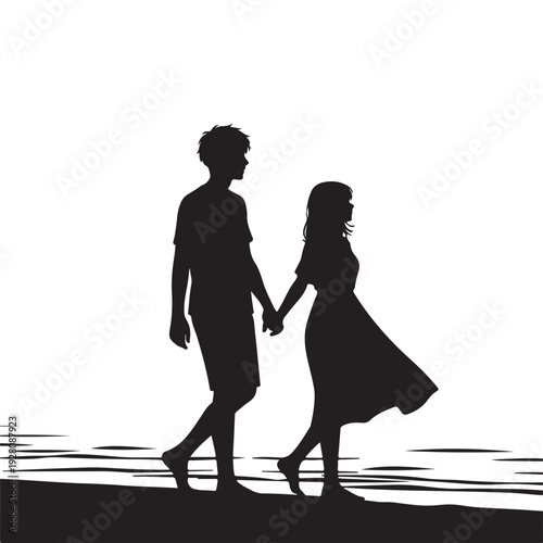 Couple Walking Hand in Hand Beach Silhouette