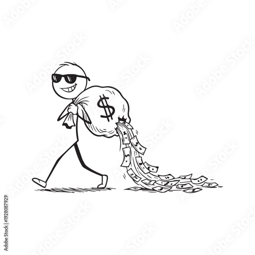 Vector cartoon illustration of careless stick figure man carrying money bag with a hole and losing cash
