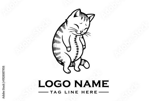 A black and white hand-drawn cartoon cat mascot logo with a vintage emblem design, presented in a tattoo style against a clean white background.
