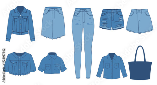 Collection of various blue denim fashion items including jackets, jeans, skirts, shorts and a tote bag, concept for apparel catalog design, casual wardrobe planning and textile marketing materials