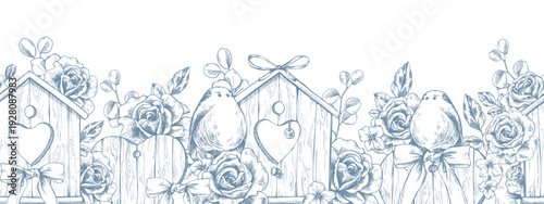 Birdhouses with birds, roses, bows, and hearts. Hand-drawn ink graphic line art illustration. A romantic seamless border pattern in pastel colors for wedding and holiday decor and design.
