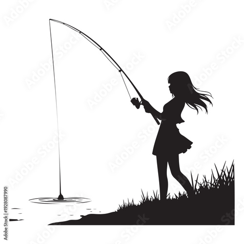 Girl Fishing Silhouette Vector Lakeside Outdoor Activity