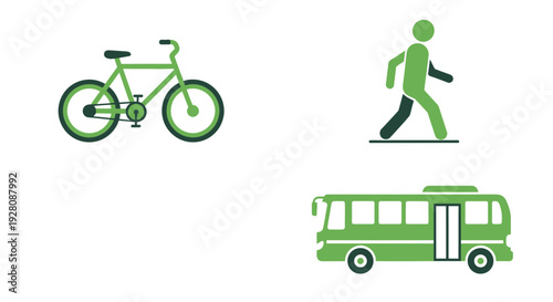 Green transportation icons featuring a bicycle, pedestrian and bus, concept for eco mobility campaign, sustainable urban planning and public transit advertisement