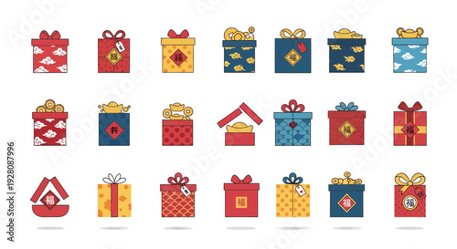 Collection of Chinese New Year gift boxes icons featuring traditional patterns and prosperity symbols, concept for holiday marketing, festive greetings and cultural celebration materials