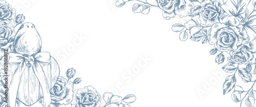 Roses with a wooden heart, bow, and bird. Hand-drawn ink graphic line art illustration. Horizontal rectangular frame with text template in pastel colors for wedding and holiday decor and design.