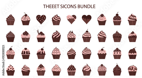 Collection of various chocolate and pink frosted cupcakes icons with heart shapes, concept for bakery menu design, sweet treat advertising and confectionery branding