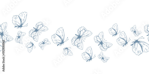A wave pattern of flying butterflies. A hand-drawn ink graphic line art illustration. A delicate, minimalist seamless border in pastel shades for wedding and event decor and design.