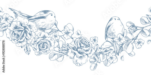 A wave pattern of flowers, roses, and birds. Hand-drawn ink graphic line art illustration. A chic seamless border in pastel colors for wedding and event decor and design.