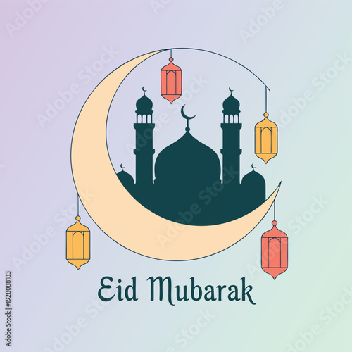 A vibrant eid mubarak illustration featuring a crescent moon mosque and hanging lanterns high quality professional