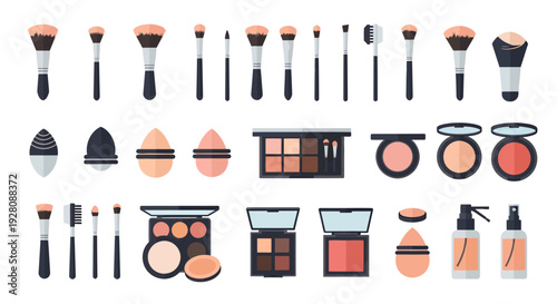 Collection of flat design makeup tools including brushes, sponges, palettes and setting sprays, concept for beauty blog graphic, cosmetic product advertisement and beauty routine tutorial