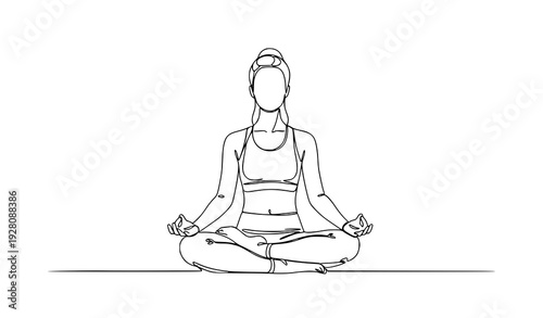 Minimalist line art illustration of a girl practicing yoga meditation pose on white background