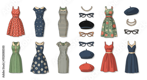 Collection of various 1950s style vintage dresses, skirts and accessories concept for fashion catalog design, retro illustration, stylish clothing promotion and historical editorial content
