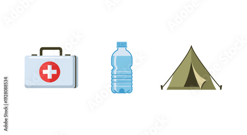 First aid kit, water bottle and camping tent icons isolated on white background, concept for emergency preparedness, outdoor adventure and survival gear illustration