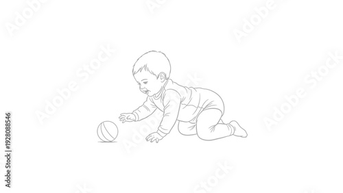 Happy baby crawling and reaching for a ball - line art illustration.