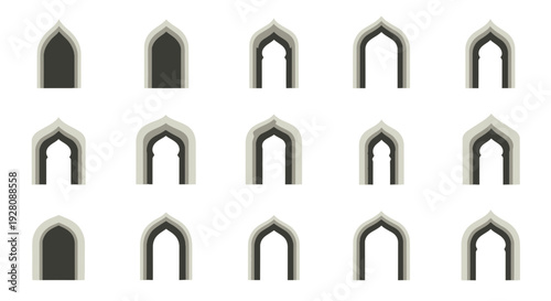 Set of various Islamic arch window and door frames in muted gray tones, concept for religious decoration, architectural design guide and Middle Eastern background graphic