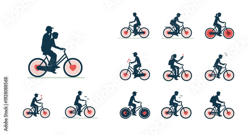 Silhouettes of couples and singles cycling with heart icons on bicycle wheels, concept for Valentine's Day greeting, romantic journey illustration and active lifestyle promotion