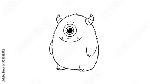 Cute One-Eyed Cartoon Monster Black and White Outline
