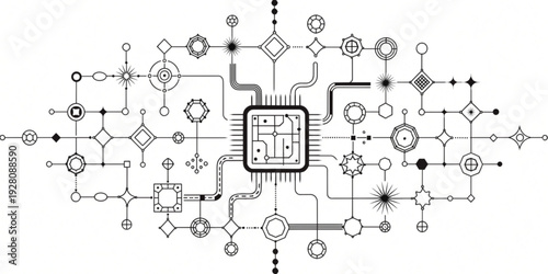 Abstract illustration depicting a sophisticated digital network with a central processing unit, symbolizing artificial intelligence, data flow, and technological innovation