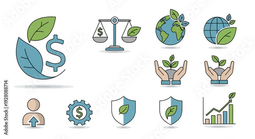 Set of flat line icons representing green economy and sustainable finance concepts, concept for ESG reporting, environmental investment and corporate social responsibility