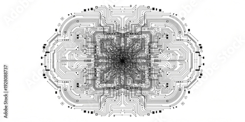 Abstract digital circuit board pattern resembling an eye or a mandala, rendered in grayscale with intricate lines and dots