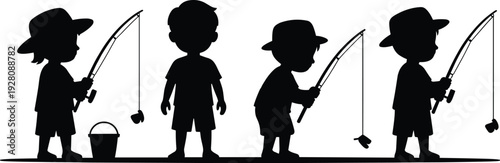 Black silhouette of little boys and girls fishing with rods and buckets isolated on white background for summer outdoor childhood hobby and recreation
