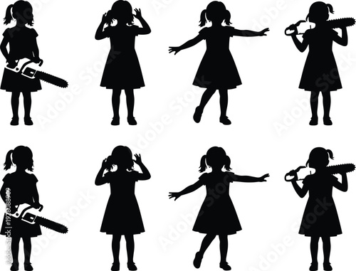 Black silhouette set of a little girl in a dress playing with a dangerous chainsaw in various poses, horror concept, dark humor and thriller design elements