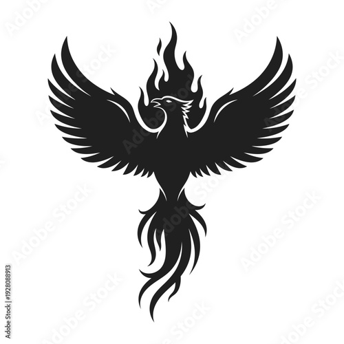 A black silhouette of a phoenix bird with flames