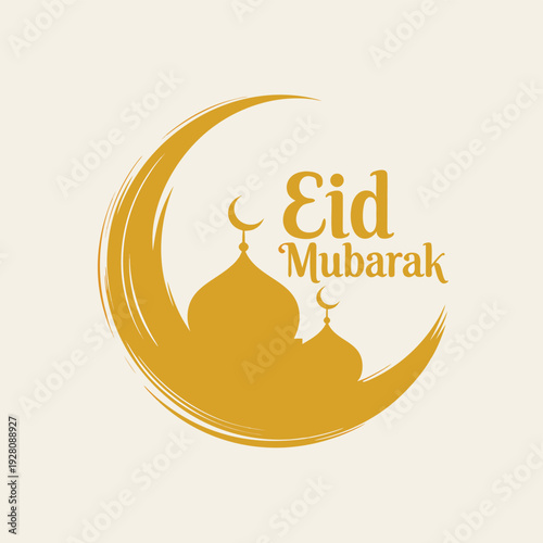 Golden eid mubarak greeting featuring a crescent moon mosque and celebratory text high quality professional detailed