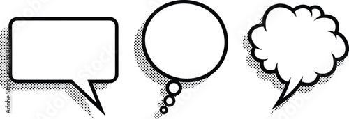 Comic book style speech bubble set with halftone shadows and black outlines for text and thought dialogue