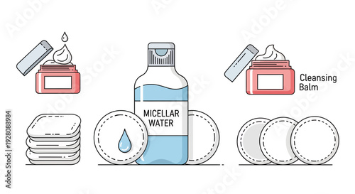 Line art illustration of micellar water, cleansing balm and cotton pads for facial cleansing routine, concept for cosmetic product infographic, skincare marketing and beauty blog element