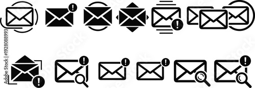 Black outline mail envelope icons collection featuring alert exclamation marks and search magnifying glass