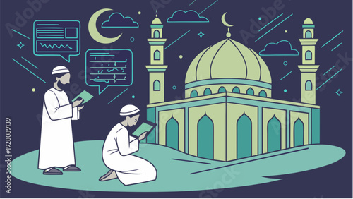 An illustration of a serene cyber ramadan prayer scene with men praying outside a mosque under a crescent moon, in a peaceful night sky environment, viewed from a slight distance.