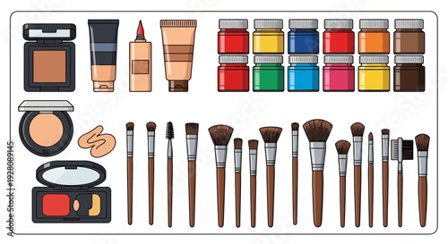 Collection of various makeup brushes, foundation products and colorful cosmetic paints illustration, concept for beauty blog banner, cosmetic product catalog and makeup artist portfolio