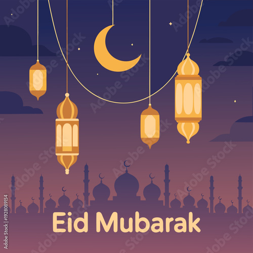 Festive eid mubarak illustration with crescent moon lanterns and a city skyline below high quality professional