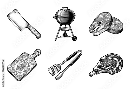 Set of monochrome woodcut illustrations featuring outdoor barbecue equipment and fresh protein cuts including salmon steak and ribeye beef.