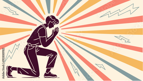 Man kneeling in prayer towards Quran with radiant glow and dynamic rays surrounding him, vector illustration