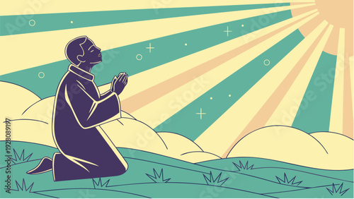 A kneeling figure in robes prays under radiant light rays on a serene landscape