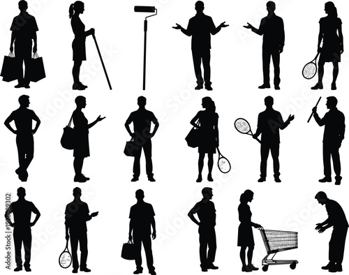 Black Silhouette Vector Collection of People in Various Poses Including Shopping Tennis Players Painters and Casual Pedestrians Isolated on White Background for Design Projects