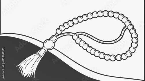 Monochrome illustration of a tasbih design on a curved surface, showcasing a minimalist tech aesthetic