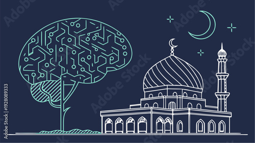 AI-inspired Islamic mosque illustration with crescent moon, stars, and brain tree at night