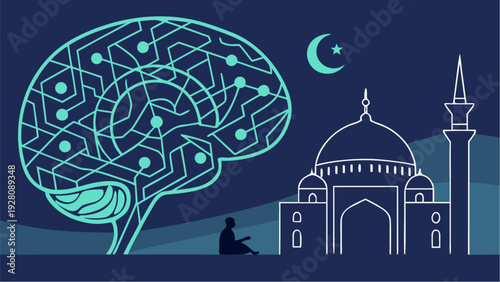 A person meditates beside a mosque with a glowing brain made of islamic geometric patterns under a crescent moon