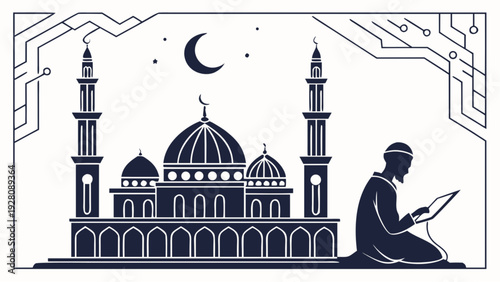 Serene illustration of a man reading near a mosque with Islamic architecture under a crescent moon, showcasing cultural heritage and spirituality in a digital artwork