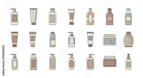 Set of various cosmetic and skincare product containers icons in muted pastel colors, concept for beauty packaging design, product marketing visuals and spa branding materials