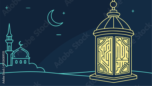 A serene nighttime scene featuring a lantern with islamic geometric pattern standing beside a mosque under a crescent moon, vector illustration.