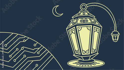 An ornate lantern glows softly amidst digital circuits and a crescent moon in the dark blue night sky illustration