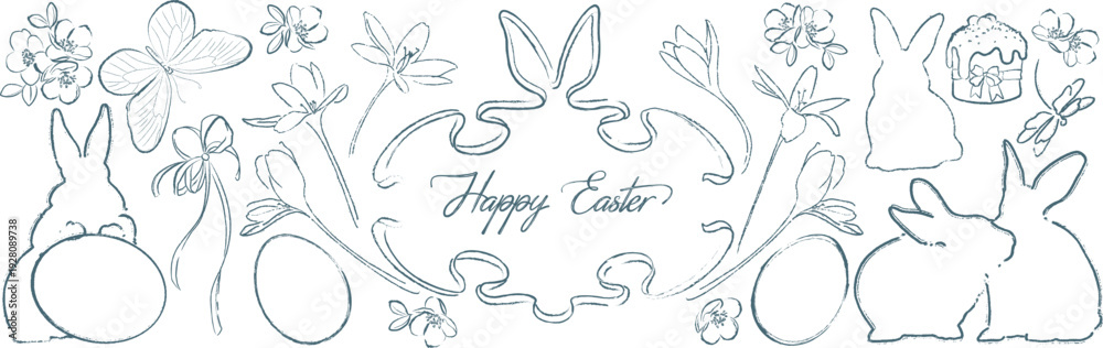 Obraz premium Hand-drawn Easter clipart set. Minimalist ink sketches of bunnies, birds, spring flowers and religious cross.