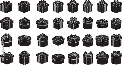 Collection of 30 black gift boxes with ribbons on white background for gifting and packaging