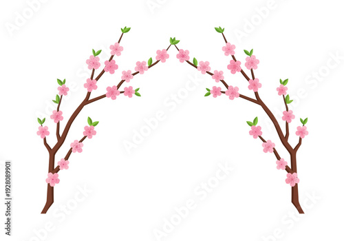 Symmetrical arch of brown branches with pink blossoms and green leaves on a white background