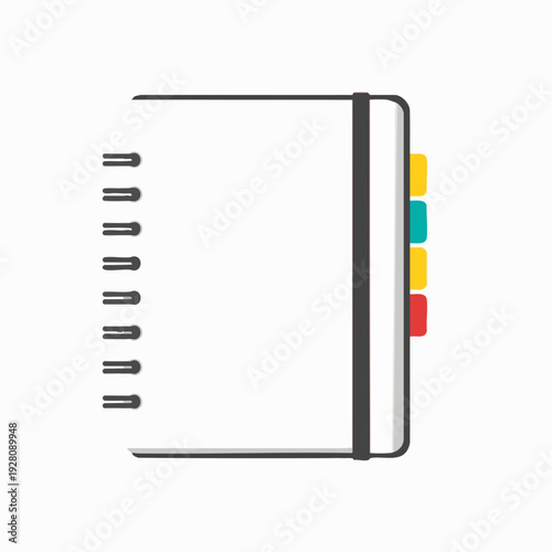 Blank white spiral notebook with colorful index tabs and dark elastic band for journaling and list making in vector illustration