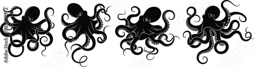 Octopus silhouettes vector illustration, marine animal design, black sea creature icons, aquatic wildlife art, ocean graphic, underwater animal artwork